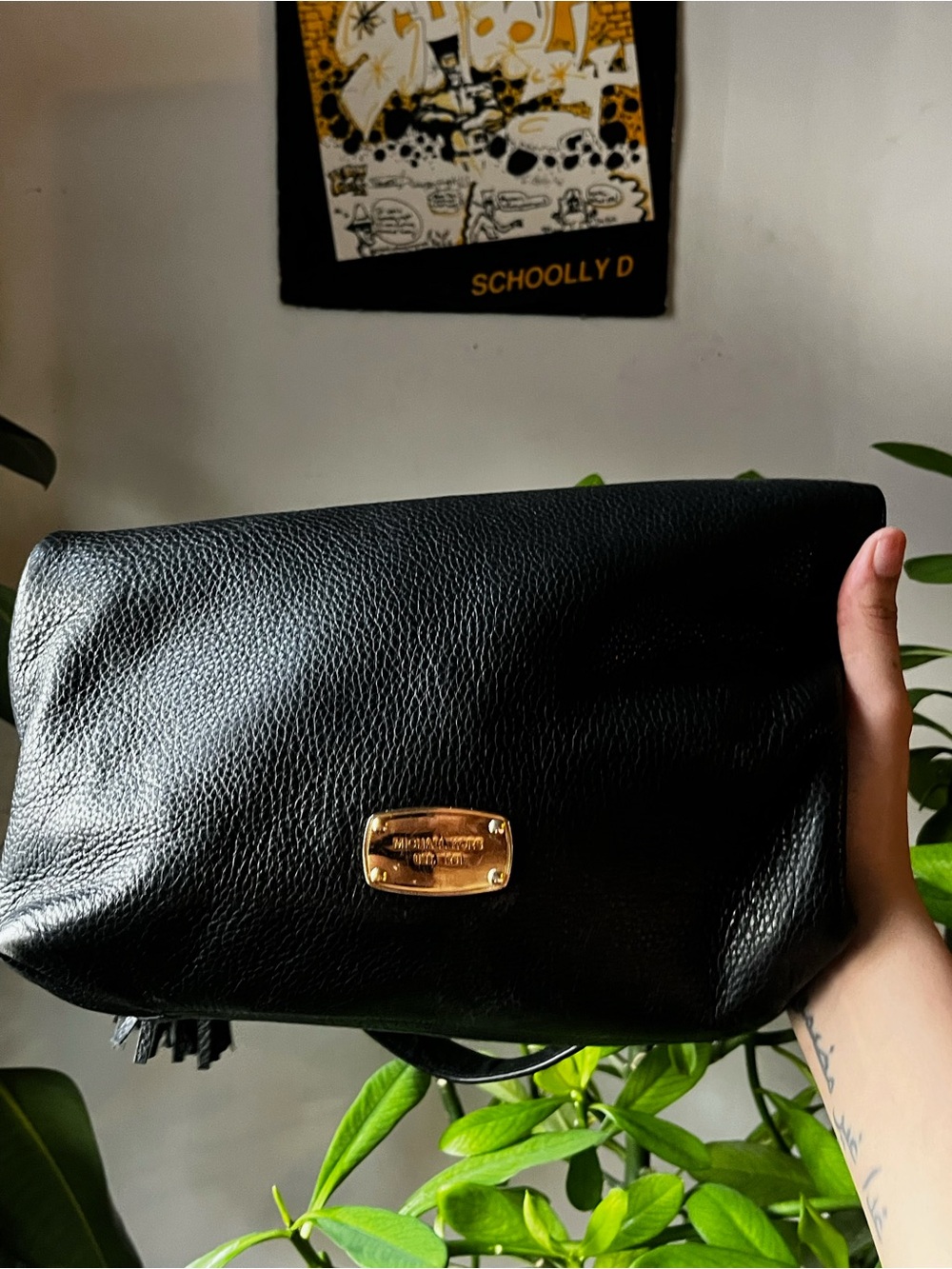 Michael Kors Black Leather Clutch with Gold Plaque